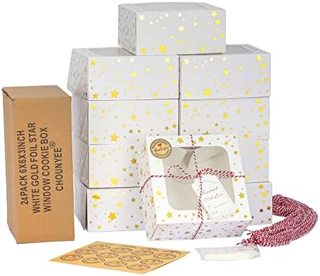 CHOUNYEE 24 Pack 6X6X3 Christmas Cookie Boxes for Gift Giving Gold Foil Star White Bakery Boxes with Window 6 Inch Small Treat Boxes for Mini Cake Pastry Dessert Cupcakes Candy Donut Packaging