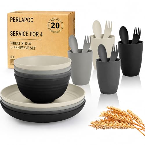 Image of 20 PCS Wheat Straw Plates and Bowls Sets,Kids Dishes Dinnerware Sets for 4,Unbreakable Kitchen Plates and Bowls Set for Travel Dishwasher & Microwave Safe Lightweight Dishes Set - BlackGrey