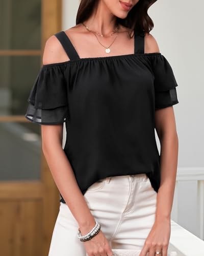 Women's Casual Tops Short Sleeve Cold Shoulder Shirts Loose Square Neck T Shirts Blouse4