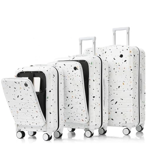 3-Piece Luggage Set with USB Port, 20/24/28 Inch Spinner Wheels, Front Opening Design, Airline Approved Carry-On Suitcases with Cup Holder, Hard Shell for Travel (Ivory + ABS+PC)2
