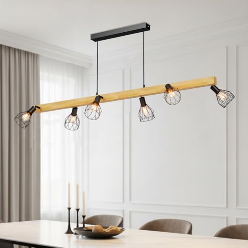 Lámparas de techo de madera y metal negro con 6 bases E14 para la isla de cocina