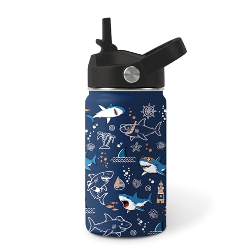 Image of Shark Water Bottle for Son & Daughter, Stainless Steel Insulated Tumbler with straw lid and handle, 12oz Reusable Leak-proof Bottle for Sports