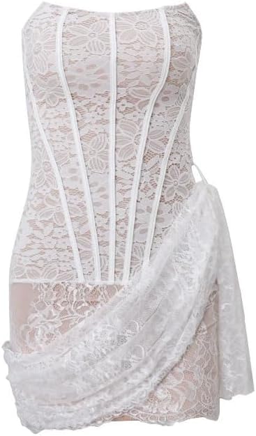 Image of Women's Dress,Sexy Lace Semi See Through Short Dress, Off-Shoulder Bustier Skirt, Asymmetric Short Skirt,Slim