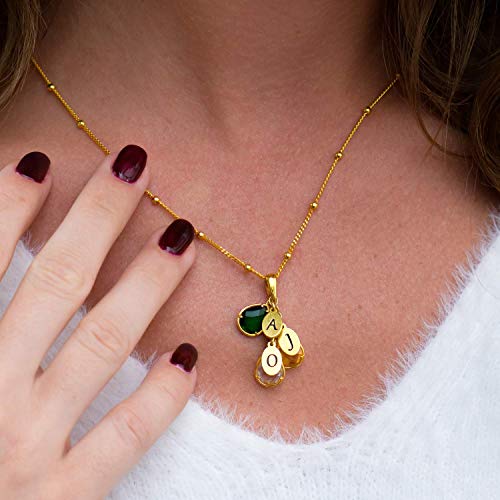 Handmade Personalized Initials Drop Necklace with Birthstones in Sterling Silver or Gold Plated- Women\'s Custom Made Initial Pendant -Jewelry Gift for Mom Grandma (18k Gold Plating) - Thumbnail 4