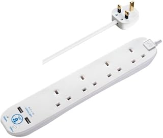 Masterplug Four Socket Surge Protected Extension Lead with Two USB Charging Ports, 2 Metres, 31.5 x 5.5 x 3 cm, White