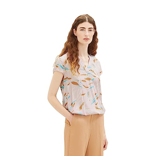TOM TAILOR Damen Kurzarm-Bluse mit Muster , lilac abstract leaf design, 42
