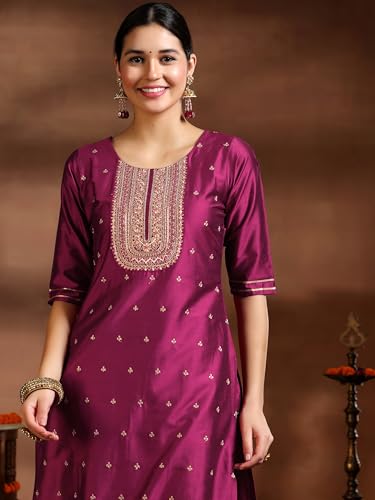 Image of Libas Womens Embroidered Silk Blend Straight Kurta With Trousers and Dupatta | ethnic wear | bridal suit | wedding dress | occasion wear