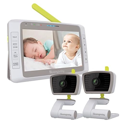 Moonybaby Split 50 Baby Monitor with 2 Cameras and Audio, No WiFi, Large Screen with Wide View, Screen Split, Auto Night Vision and Zoom, Sound Activated, Temperature, 2-Way Talk
