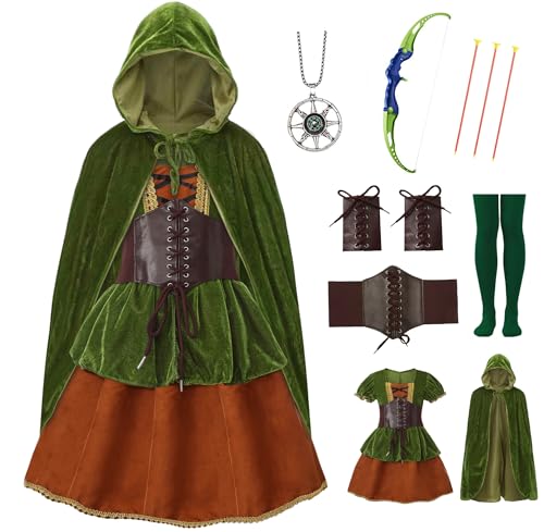 Mecamelon 7 Pcs Archer Costume for Girls Medieval Renaissance Hunter Dress Costume with Cape (Green 7-8 Years)