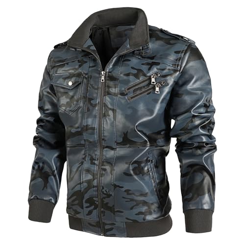 Manteau aviateur bleu en similicuir avec manches longues et fermeture éclair