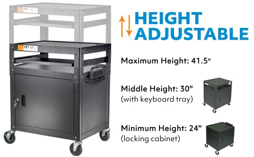 Steel Large Av Cart With Extra Storage - Adjustable Height Cart With Locking Cabinet, Pullout Tray, Power Strip, And Cord Management - Holds 300 Lbs And Easy To Assemble (24'' X 18'' X 41.5'') #TOP3