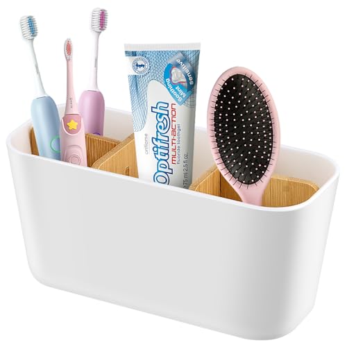 yingd Toothbrush Holder for Bathroom, Bathroom Organizer Countertop, Multifunctional Storage for Cosmetic, Makeup, Toothpaste, Toothbrush Caddy for Home, Office (White)