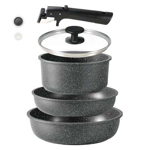 CAROTE Nonstick Cookware Sets, Non Stick Pots and Pans Set Detachable Handle, Kitchen Cookware Sets with Removable Handle, Stackable RV Cookware for Campers, Oven Safe, Midnight Black, 5pcs