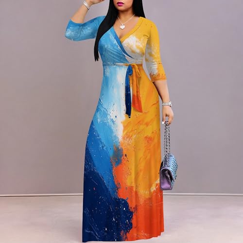 Image of PinkPatty Women's Print Maxi Dresses 3 /4 Sleeve Flowy Long Dress V Neck Wrap Tie Waist Sundress