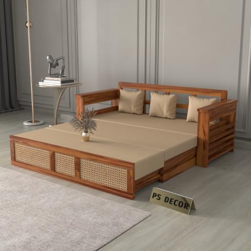 Image of PS DECOR Solid Sheesham Wood 3 Seater Sofa Cums Bed with Cane Panel | Wooden Sofa Bed with Cushioned Seating & Backrest