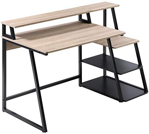 HOMOOI Computer Desk with Shleves Storage Wooden OakBlack with Monitor Riser Writing Table Workstation for Home Office for Small Spaces 140x60x90cm H01B5130P