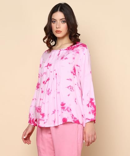 Image of Maaesa Pink Split Tie Dyed Rayon Staple Top