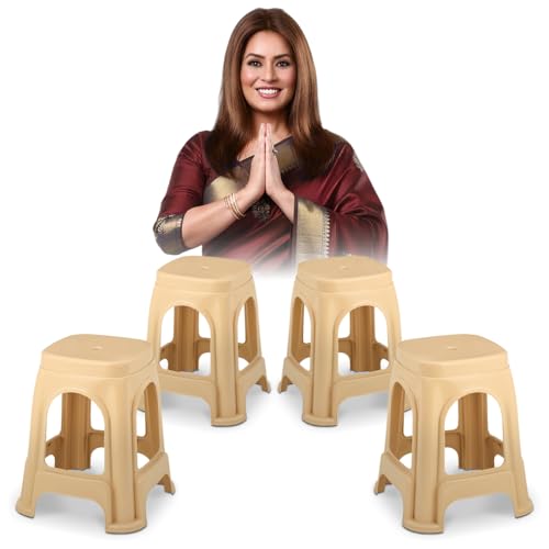 Image of MAHARAJA Strong & Durable Stool | Modern Beige Polypropylene Stackable Stool | Pre-Assembled (Beige, Pack of 4)
