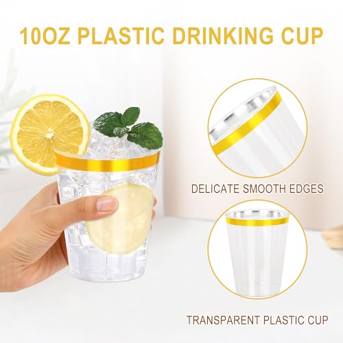 Image of 100 Pcs Gold Plastic Cups,10Oz Gold Rimmed Plastic Cups,Heavy Duty Gold Rim Clear Disposable Plasitc Cocktail Tumblers Wine Cup for Party,Wedding,Birthday,Holiday