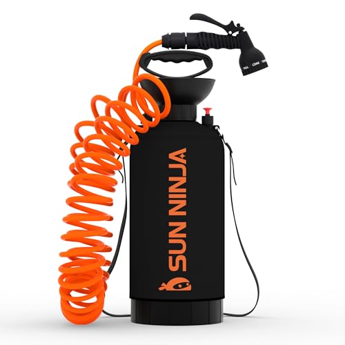 SUN NINJA Portable Shower 8L, Camping Shower with 7 Mode Shower Head, Neoprene Cover Helps Keep Water Warm, High Pressure Hose, Easy to Carry, Black and Orange