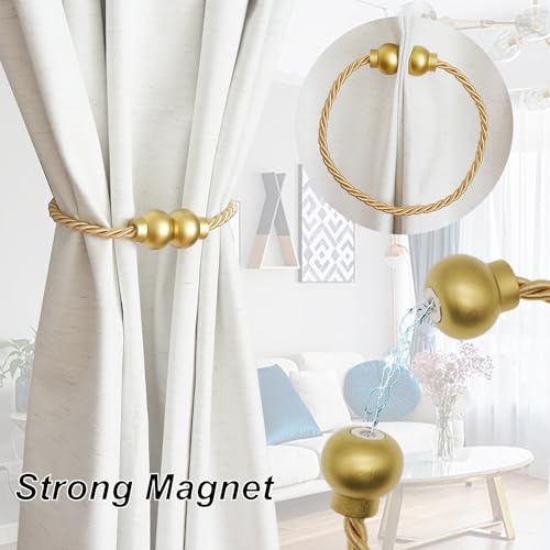 HIASTRA 4 Pack Magnetic Curtain Tiebacks Modern Handmade Rope Curtain Tie Backs Decorative Drapes Weave Holdbacks for Home Outdoor Bedroom Office Decorative Curtain, Gold