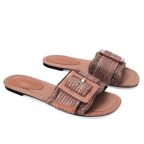 Image of ZJGZF Raffia Sandals for Women Buckle Straw flats Woven Braided Rattan Slides Summer Beach Sandals Comfort Cute Shoes
