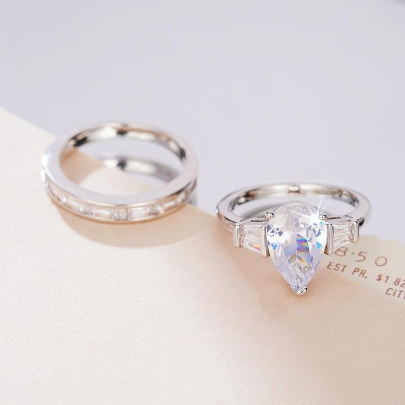 Sdouefos 2PCS Pear Shaped Wedding Ring Set for Women Platinum Plated Silver Moissanite Bridal Sets Wedding Rings Teardrop Engagement Ring Set Radiant Cut Engagement Rings Set Size 7 - Image 2