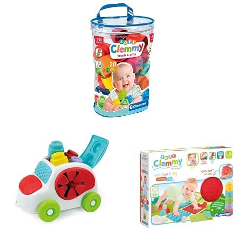 Clementoni Soft Clemmy Bundle aus 36 weichen Bausteine, Sensorik-Auto mit Figur & 8 Spielmatten - Waschbares Baby-Spielzeug ab 6 Monaten - stapelbar, sicher & schadstofffrei