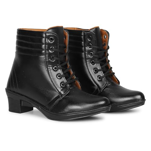 Image of KRAFTER Women's Lace-Up Ankle Boots - Fashionable Faux Leather Block Heel Booties Low Heel - Trendy Combat-Inspired Casual Shoes for Daily Wear, Black
