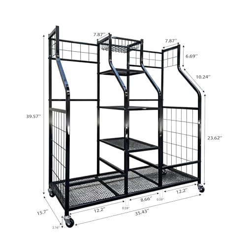 Golf-Bag-Storage-Organizer-Stand-with-Wheels-Heavy-Duty-Steel-Rack-Holds-2-Golf-Bags-with-Central-Storage-Shelf-for-Golf-Balls-Shoes-Accessories-Space-Saving-Garage-Golf-Club-Equipment-Holder