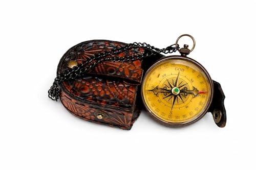 Brújula de bolsillo de latón grabada con estuche de cuero miniatura 4