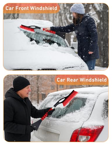 Image of EcoNour 27 inch Car Snow Brush and Ice Scrapers for Car Windshield Red- 2 Pack | Scratch Free Bristle Head Snow Brush & Tough Window Snow Scraper with Aluminium Body