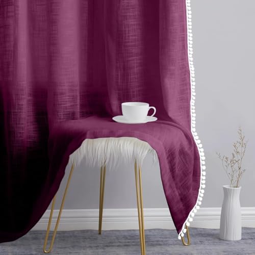 Image of THE LINEN COMPANY Cotton Linen Solid Curtain Set with Eyelet Rings (Plum, Window - 04 Feet)