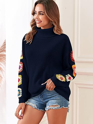 Image of ZAFUL Flower Crochet Turtleneck Sweater for Women Pullover Puff Long Sleeve Boho Knit Sweaters Trendy Knitwear Tops