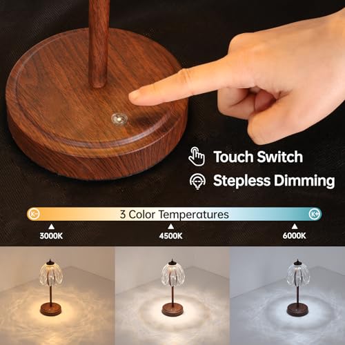 Image of Shenmoyl Tulip Table Lamp with 5200mAh Battery & Touch Control, Small Cordless Table Lamp with 3 Colors, Rechargeable Battery Operated Table Lamps for Bedroom, Desk, Bedside (Transparent-Walnut Color)