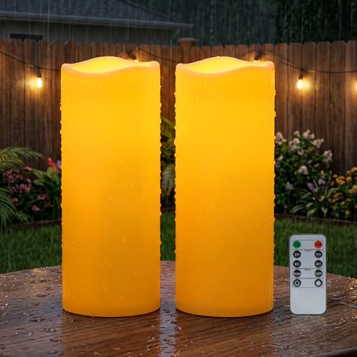Image of Amagic 2 Pack 5 inchx12 inch Outdoor Plastic Electric flameless Candles with Remote Control and Timer, Battery Operated Flickering LED Pillar Fake Candle for Home, Wedding Decor, Ivory