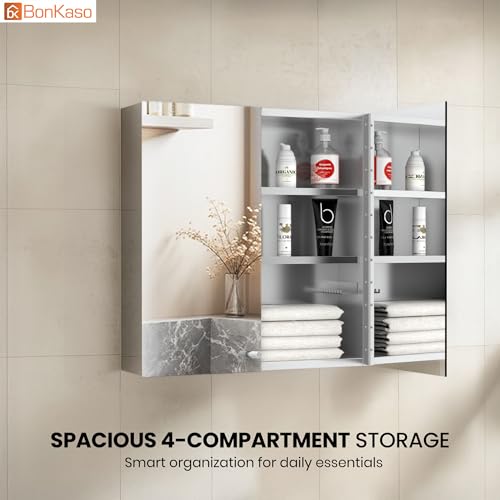 Image of BonKaso Premium SS 304 Bathroom Mirror Cabinet | Wall-Mounted Stainless Steel Storage Cabinet with Frameless Mirror (18x18 Inch, Chrome Finish)