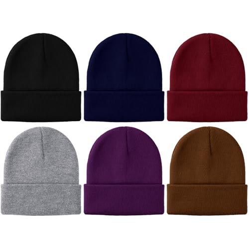 Glooarm 6 Pack Kids Beanie Hats Boys Girls Winter Hats Stretchy Acrylic Toddler Beanies Kid's Cuffed Cap