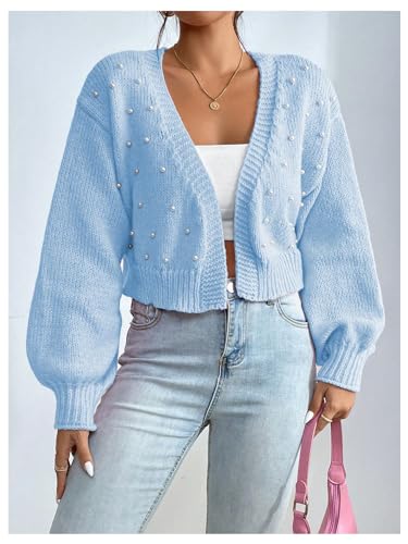 Image of SHENHE Women's Pearl Beaded Open Front Cardigan Oversize V Neck Drop Shoulder Cropped Sweater