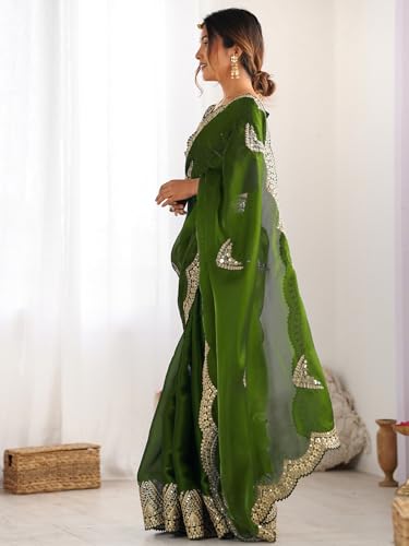 Image of Satrani Women's Tissue Silk Sequin Embroidery Scalloped Border Saree with Unstitched Blouse Piece