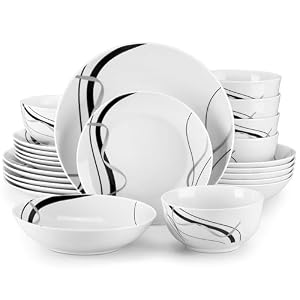VEWEET Porcelain Dinnerware Sets for 6 24 Pieces Plates and Bowls Set with Black and Grey Ribbon Lines Dishes Set Dining Ware for Dinner Microwave and Dishwasher Safe Series FIONA