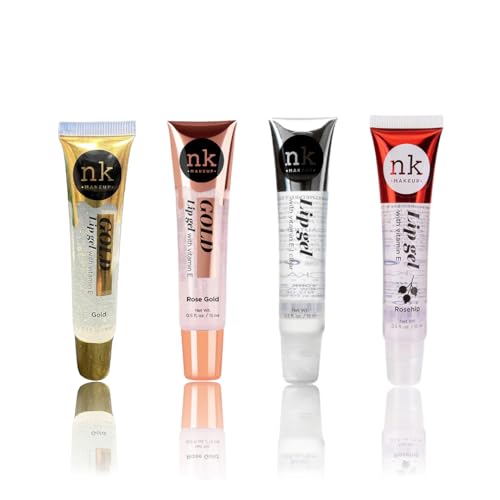 NK lip gloss gel 15ml Vitamin E, Shiny, Nourishes, Gold, Rose Gold, Clear and Rosehip flavoured by Nicka K (Multi Pack Of 4).
