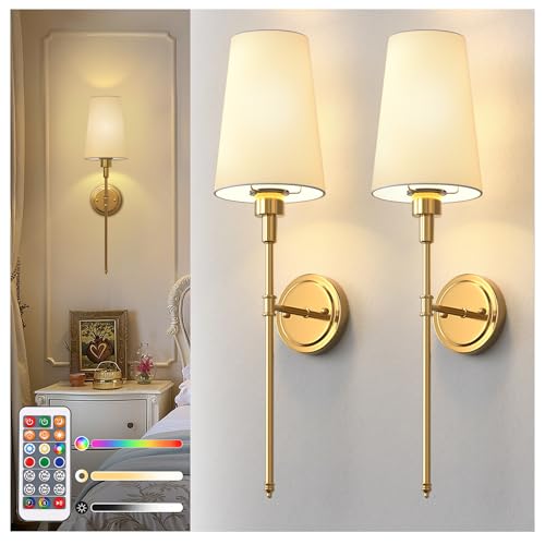 Image of DORESshop Battery Operated Wall Sconce Set of 2, Wireless Wall Light Easy to Install, 15 Color Rechargeable Wall Sconces, Sconce Wall Decor Set of 2 for Bedroom, Living Room, Gold, 27in