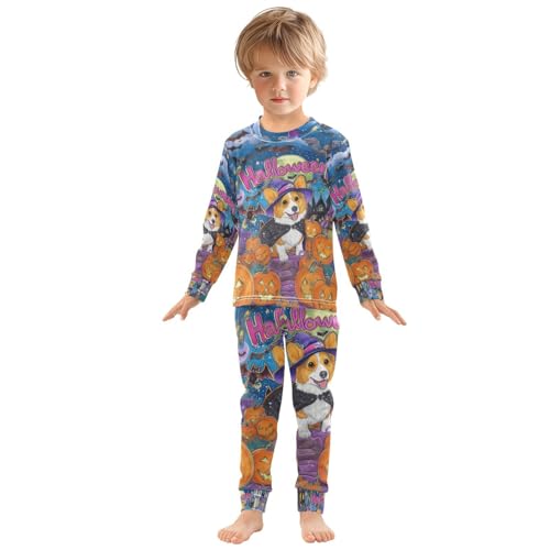 Fustylead Cute Corgi Dog Dressed As Witch with Halloween Decor Cotton Pajamas 2-Piece Long Sleeve Sleepwear Matching Set3