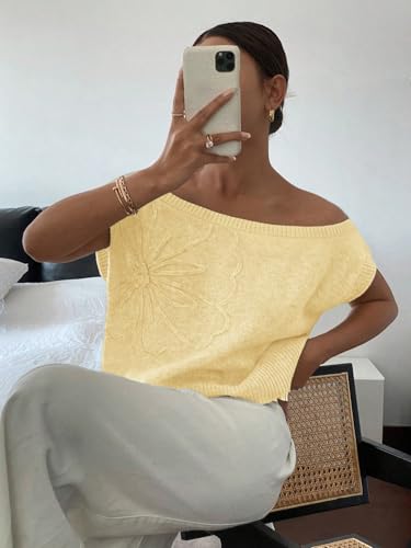 Womens Floral Off Shoulder Sweater Vest Cute Cap Sleeve Tops 3D Flower Decor Knit Tank Top Loose Fall Summer Clothes4