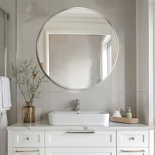 Image of Sunniry Silver Round Mirror 30 inch, Round Bathroom Mirror, Silver Circle Mirrors with Brushed Aluminum Frame, Circle Wall Mirrors for Bathroom, Living Room, Hallway, Bedroom.