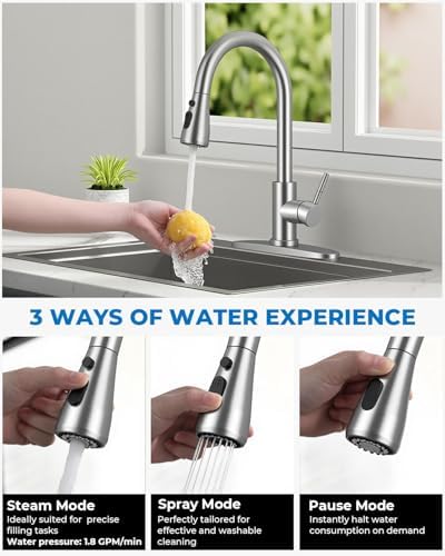 WEWE Pull Down Kitchen Faucet, 3-Mode Spray, Brushed Nickel — view 6