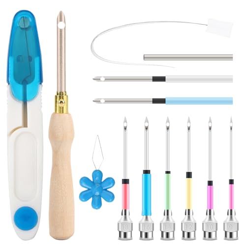 Image of AUGSUN 13Pcs Punch Needle Kit, Punch Needle Tool Adjustable Punch Needle Embroidery Kits Wooden Handle Embroidery Pen for Embroidery Floss Cross Stitching Beginner(Multi-Color)