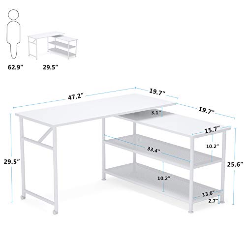 Tribesigns Modern L-Shaped Desk With Storage Shelves, 360°Rotating Desk Corner Computer Desk Study Writing Table Workstation With Open Shelves For Home Office, High Glossy Finish (White) #TOP1