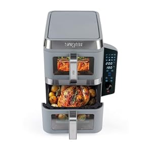 Salter VersaLayer Air Fryer – 12 Cooking Presets, 9L Cap., 2400W, Easy-Viewing Windows, Sync & Match, Digital LED Display, 60 min Timer, Dishwasher-Safe Accessories, Non-Stick Trays, PFAS-Free, Grey